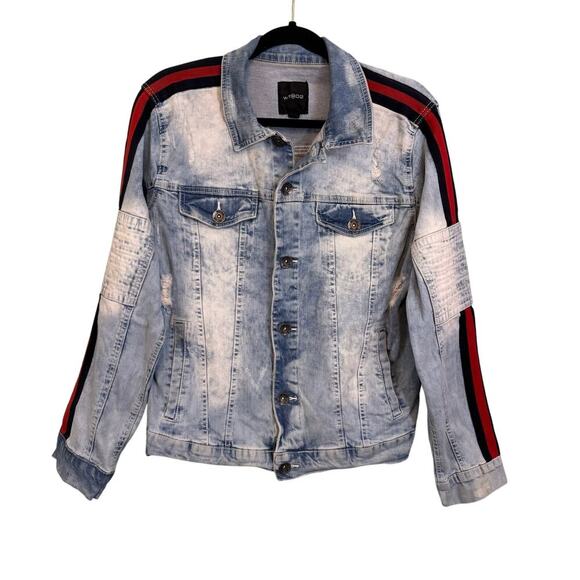WT02 Other - WT02 Denim Jacket Mens M Blue Collared Button Distressed Stripe Sleeve Trucker